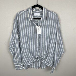 FRAME Tie Up Striped Linen Shirt Top Chambray Multi Blue Sz L $265 NEW Button Up